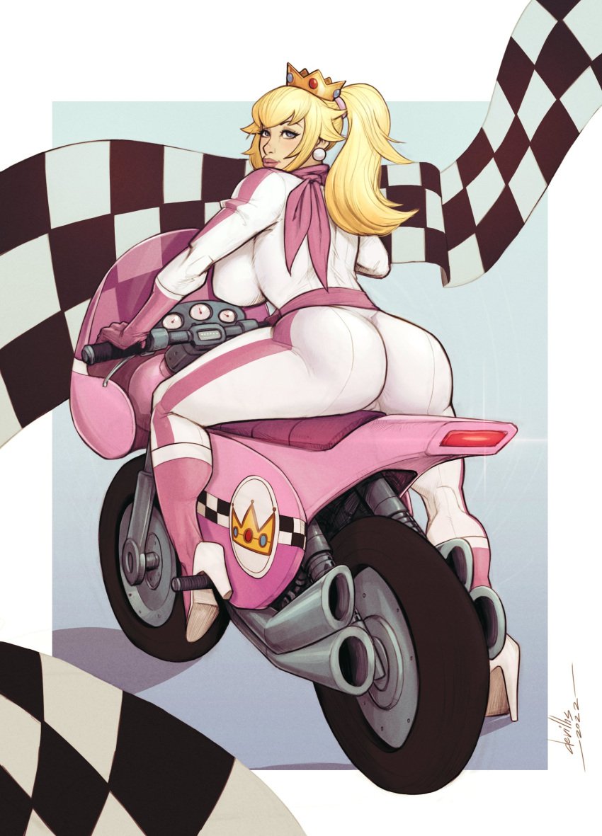 1girls 2022 artist_name artist_signature ass ass_focus athletic_female backboob big_ass big_lips bike_outfit_(mario_kart) blonde_hair blue_eyes bodysuit breasts checkered clothing crown devil_hs earrings female female_only footwear hairband handwear high_heel_boots high_heels huge_breasts human jumpsuit large_breasts light-skinned_female light_skin looking_at_viewer looking_back mario_(series) mario_kart motorcycle neckwear nintendo pearl_earrings pink_hairband pink_high_heel_boots pink_high_heels pink_stripes ponytail princess_peach racing_suit simple_background skin_tight solo solo_female thick_thighs vehicle white_bodysuit wide_hips