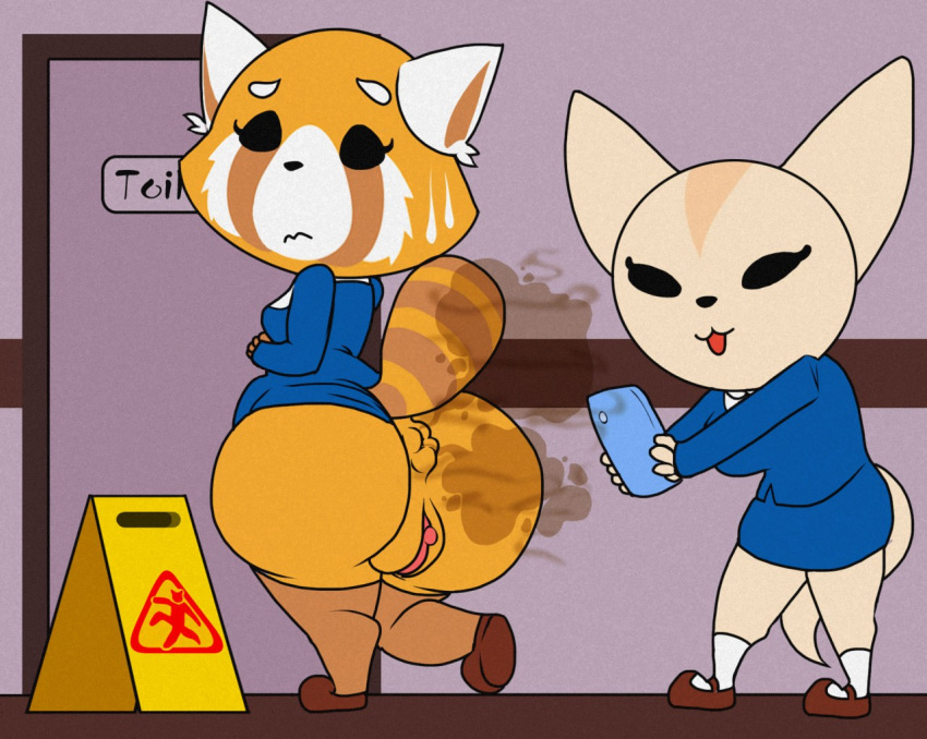 2girls aggressive_retsuko anal anthro anus ass bathroom bear big_(disambiguation) blpanda bottomless canine chibi desperation door duo fart fart_fetish female female_only fenneko filming fox fur furry gas gassy mammal panda pussy retsuko sanrio straight_hair toilet two