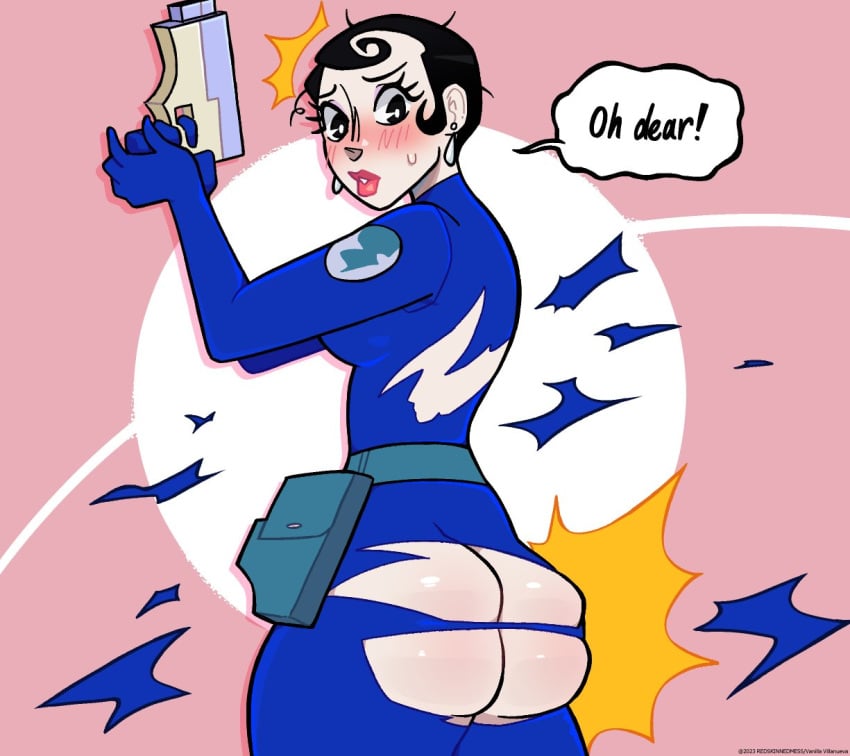 2023 agent_honeydew ass black_eyes black_hair blush blush bodysuit cartoon_network dexter's_laboratory dial_m_for_monkey earrings female female_only gun pink_background pink_lips pink_lipstick redskinnedmess short_hair text text_bubble thick_thighs thighs wardrobe_malfunction white_background