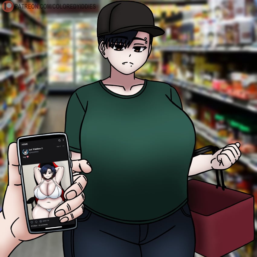 1girls basket chubby chubby_female coloredyiddies comparing eyebrow_piercing female grocery_store hat holding_phone huge_breasts juxtaposition lei_(coloredyiddies) light-skinned_female light_skin picture_(object) piercing plump public shopping social_media solo_focus store