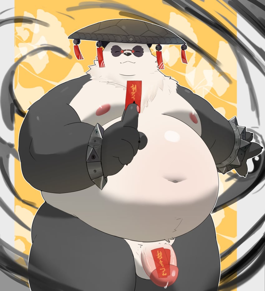 anthro asian_conical_hat balls bear belly bodily_fluids bracelet clothing flaccid fur genital_fluids genitals giant_panda hat headgear headwear hi_res jewelry male mammal mihoyo moobs multicolored_body multicolored_fur navel nipples nude overweight pan_yin_hu penis precum return026 solo spiked_bracelet spikes talisman zenless_zone_zero