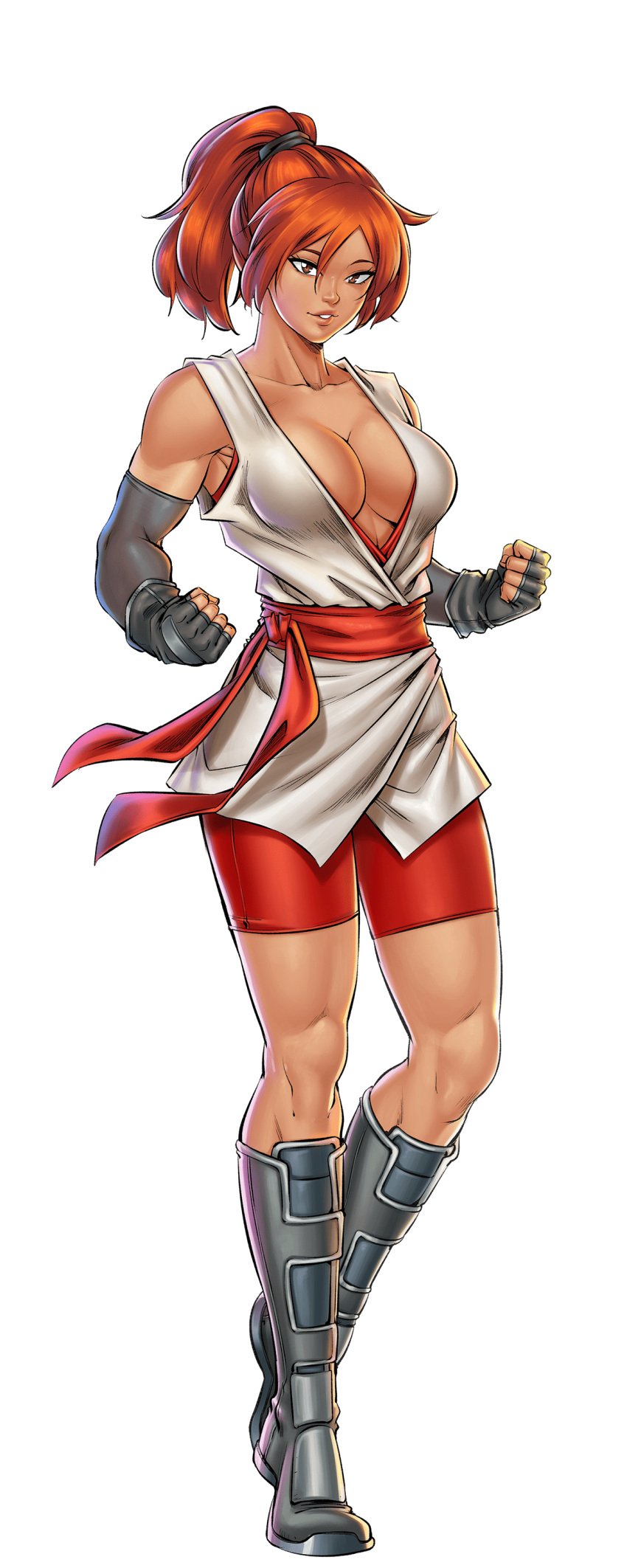 bare_shoulders bike_shorts black_gloves boots breasts cg cleavage clenched_hands collarbone dark-skinned_female dark_skin dougi elbow_gloves female fingerless_gloves full_body gloves grey_footwear hentai_heroes knee_boots large_breasts looking_at_viewer muscular muscular_female official_art orange_hair parody parted_lips ponytail red_battler_(hentai_heroes) red_hair red_sash sash shorts simple_background sleeveless solo standing white_background
