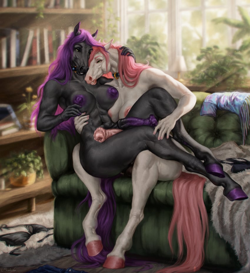 abs absurd_res anthro anthro_on_anthro black_body black_fur black_penis duo equid equine fur furniture futa/futa futa_anthro futanari genitals green_eyes hair hi_res horse huge_filesize inside intersex intersex/intersex intersex_anthro long_hair mammal multicolored_penis nipples nude on_lap on_sofa penis pink_hair pink_nipples pink_penis pink_tail purple_hair purple_nipples purple_penis purple_tail scarlanya sitting sofa tail two_tone_penis white_body white_fur