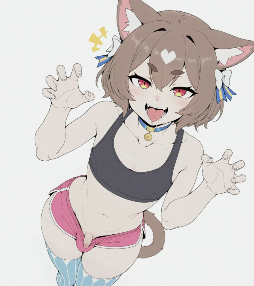 1boy ai_assisted ai_generated animal_ear_fluff animal_ears balls bell blush bow brown_hair bulge cat_boy cat_ears cat_tail choker claw_pose collarbone erection fangs felix_argyle femboy hair_between_eyes hairbow looking_at_viewer male male_focus navel open_mouth otoko_no_ko penis penis_peek re:zero_kara_hajimeru_isekai_seikatsu red_eyes saliva short_hair short_shorts shorts simple_background smile solo sondu striped striped_thighhighs tail testicles thick_eyebrows thighhighs tongue tongue_out uncensored vertical-striped_thighhighs vertical_stripes white_background