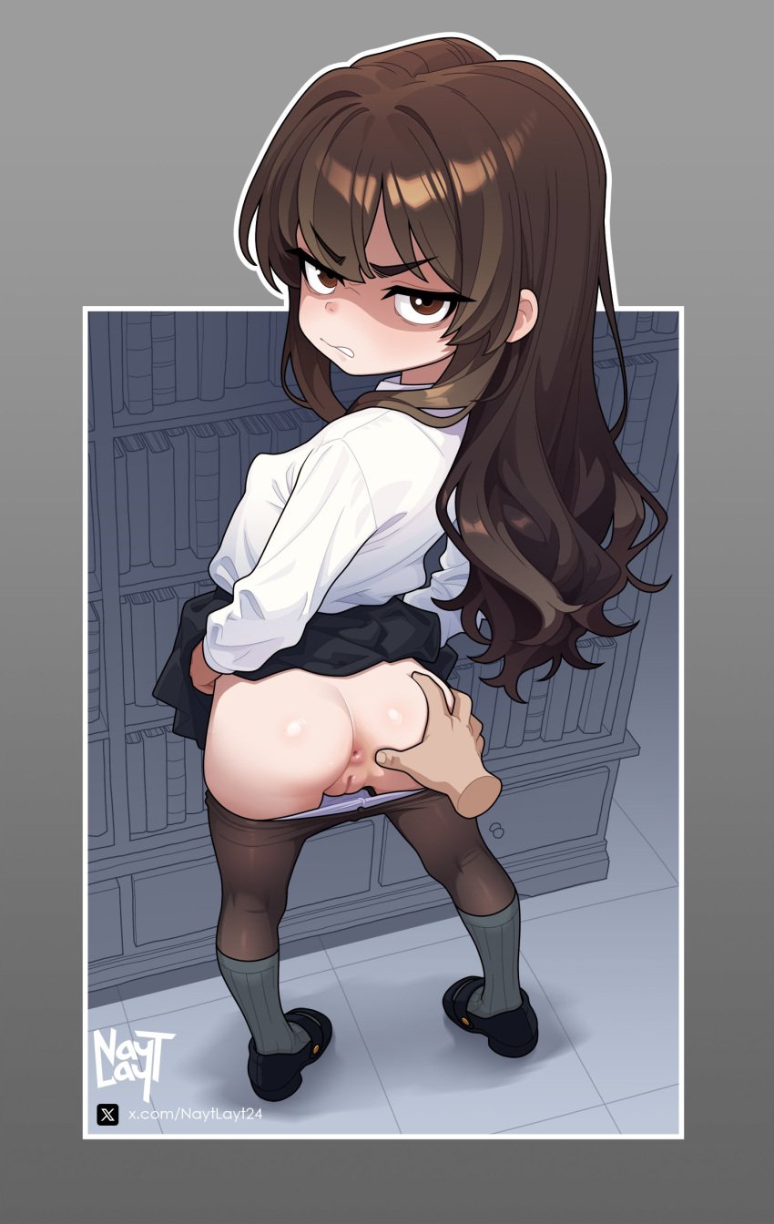 1girls 2d angry ankle_socks annoyed anus artist_name ass bangs black_shoes black_skirt bookshelf breasts brown_hair calf_socks clothes_pull covered_nipples disembodied_hand female hi_res highres human iona_(naytlayt) light_skin long_hair long_sleeves looking_at_viewer looking_back nayt_layt naytlayt original panties panty_pull pantyhose pantyhose_down pantyhose_pull petite petite_body petite_female pov pussy school_uniform schoolgirl scowl scowling scowling_at_viewer shiny_skin shoes skirt slender_legs small_breasts socks solo solo_focus spread_ass stockings stockings_down teeth thighs underwear