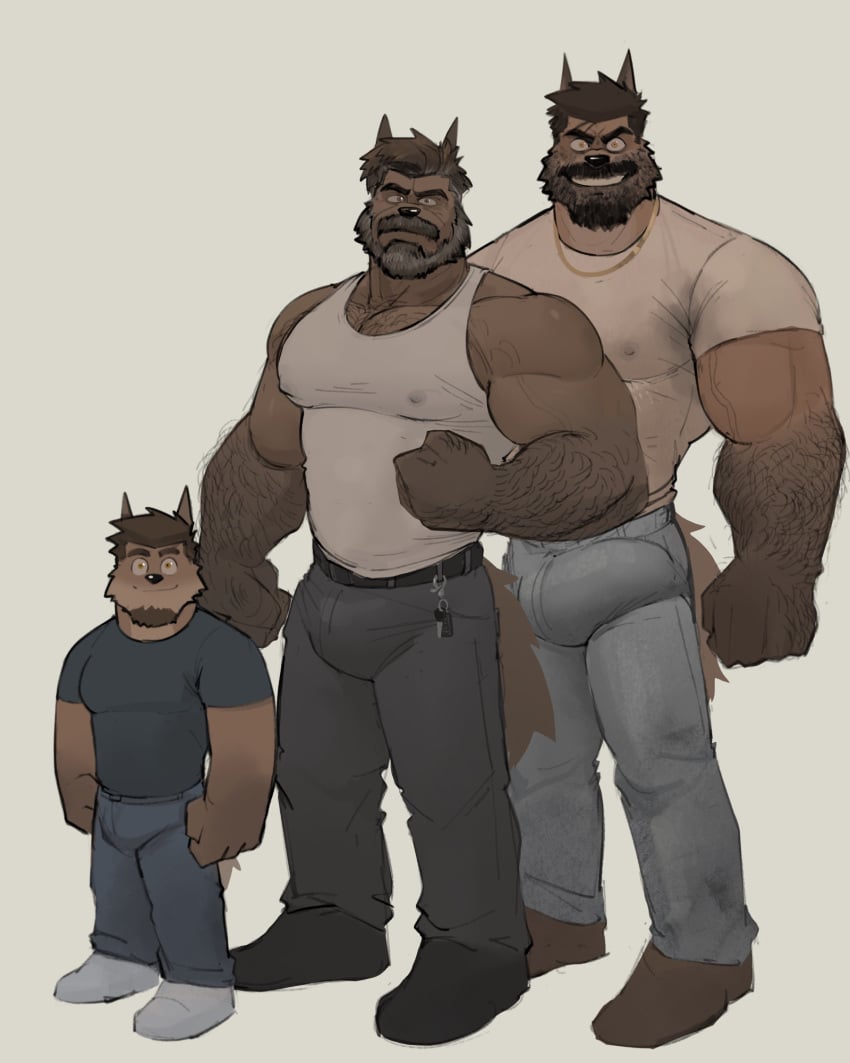 2025 age_difference anthro beard belt biped body_hair bottomwear bulge canid canine canis chest_hair clothing crazy_eyes detailed_bulge domestic_dog erection erection_under_clothing facial_hair father father_and_child father_and_son flexing flexing_bicep footwear fred_(kenkudog) genital_outline gold_(metal) gold_jewelry gold_necklace grandchild grandfather grandfather_and_grandchild grandfather_and_grandson grandparent grandparent_and_grandchild grandson group hair hairy hi_res jewelry kenkudog keyring larger_male looking_at_viewer male male_anthro mammal mature_male muscular muscular_male necklace older_male pants parent parent_and_child parent_and_son pecs penis_outline plantigrade shirt shoes simple_background size_difference smaller_male smile son standing tank_top topwear trio younger_male
