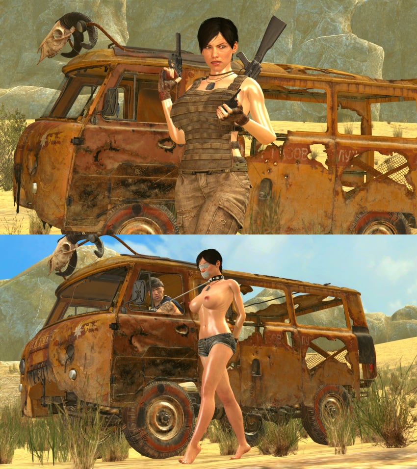 1boy 1girls anna_miller_(metro) barefoot before_and_after black_hair blindfold chain_leash collar collar_pull defeated desert enslaved erect_nipples female gag hands_tied highres legs male metro_(series) metro_exodus military_uniform pulled_by_another sadism scelusnizer short_hair skinny slave slave_collar slavegirl sweat sweating tape_gag tied_hands tied_up tomboy topless torture turned_submissive twitter weapon weapons