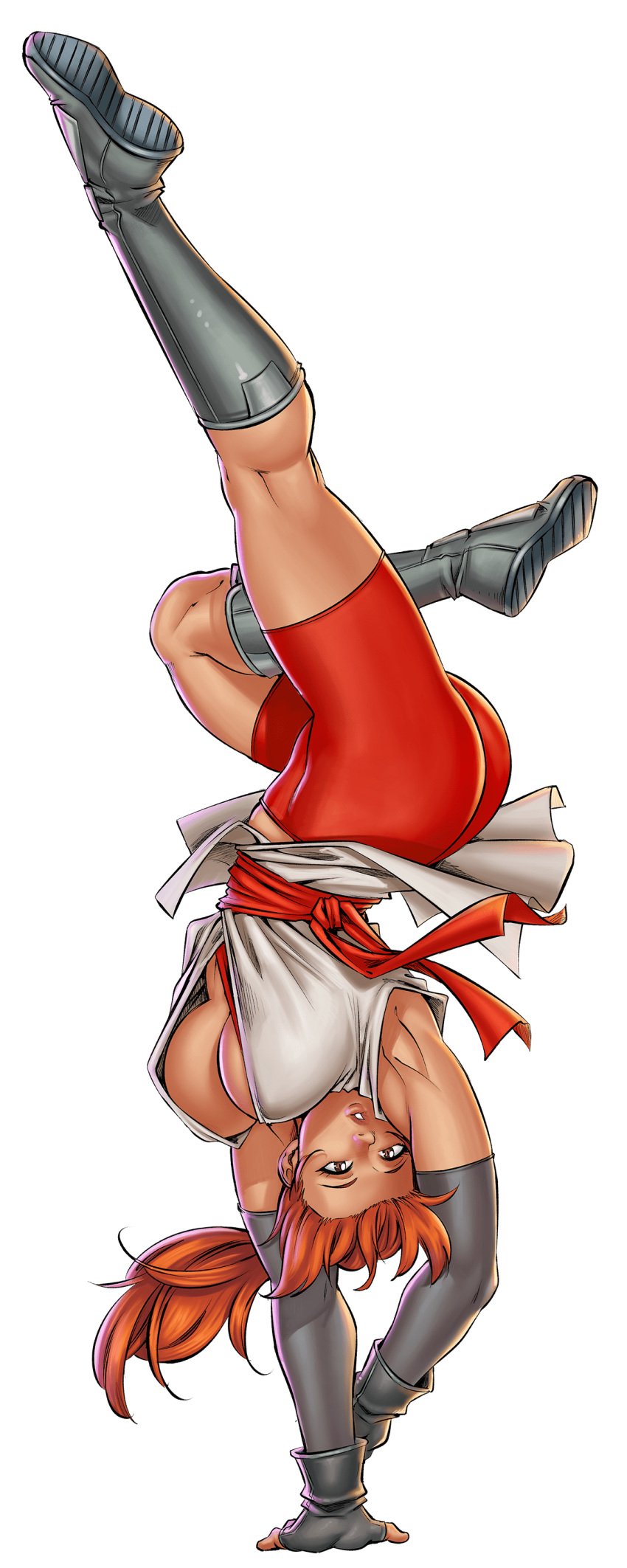armpits ass bike_shorts boots breasts brown_eyes cg dark-skinned_female dark_skin elbow_gloves female fingerless_gloves full_body gloves handstand hentai_heroes large_breasts long_hair official_art open_mouth orange_hair parody ponytail red_battler_(hentai_heroes) red_hair sash shorts sideboob simple_background solo thighs upside-down white_background