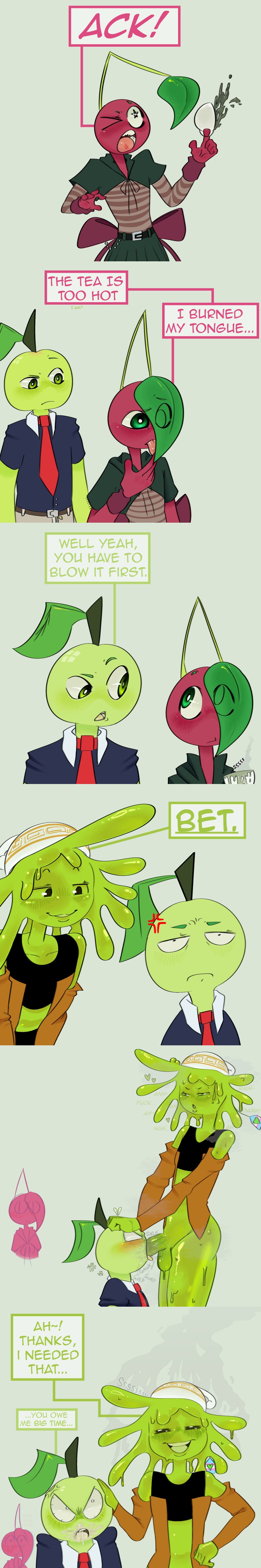 1boy 1dickgirl after_irrumatio after_oral anger_symbol anger_vein angry angry_face angry_sub apple aroused_bystander blowjob blush bottomless bottomless_female bystander cherry clothed clothing comic cum_in_mouth cup dewmel dialogue dickgirl dickgirl/male dickgirl_on_male embarrassed face_fucking female female_on_male flat_chest flora_fauna food_creature for_a_head fruit_humanoid futa_on_male futanari green_apple green_body green_eyes green_hair green_skin horny horny_futa humor intersex irrumatio joke leaf liquid liquid_body living_food living_fruit male male_sucking_futa musk_clouds object_head oc onomatopoeia original_character palette partially_clothed red_skin saliva self_upload shorter_male slime_girl steam steaming_body stress_relief striped_clothing suggestive sweat tagme taller_girl tea tea_bag teacup trans_woman transgender_pride_colors transparent_body yellow_tongue