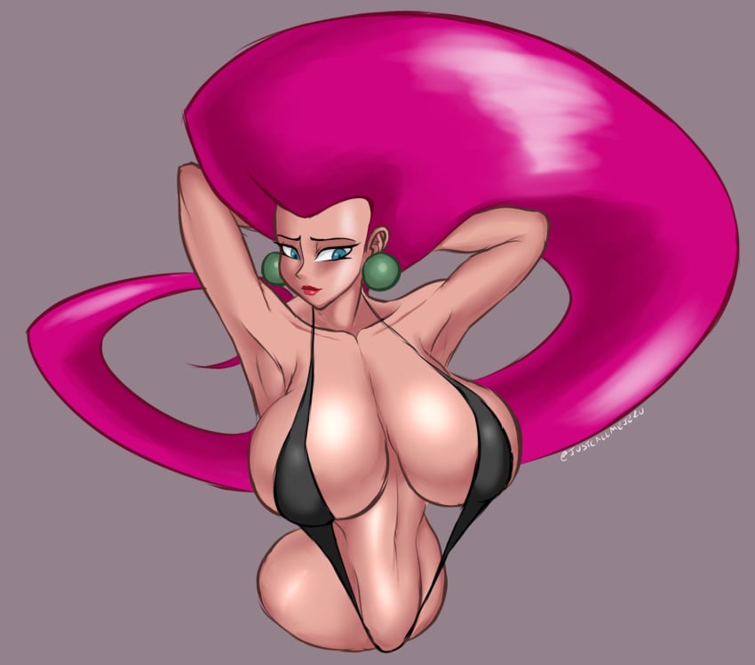 1girls armpits arms_behind_head arms_up artist_name bare_shoulders belly big_breasts big_hair bikini blue_eyes blush breasts breasts_apart cleavage clothed collarbone earrings eyelashes female female_only grey_background hands_behind_head highres hourglass_figure huge_breasts human human_only jessie_(pokemon) justcallmejeru large_breasts lipstick long_hair looking_away makeup navel nintendo pink_hair pokemon pokemon_rgby purple_background red_lipstick signature skimpy sling_bikini solo team_rocket text thin_waist toned upper_body very_long_hair watermark