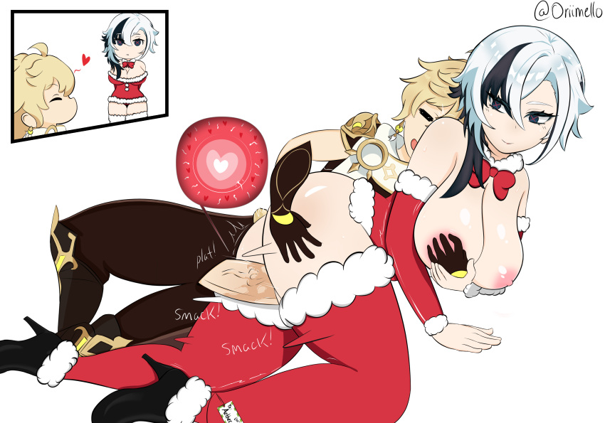 1boy absurdres aether_(genshin_impact) arlecchino_(genshin_impact) ass bad_source breasts clothed_sex female genshin_impact highres huge_ass impregnation large_breasts large_penis oriimello penis santa_costume silver_hair thighs vaginal_penetration wings