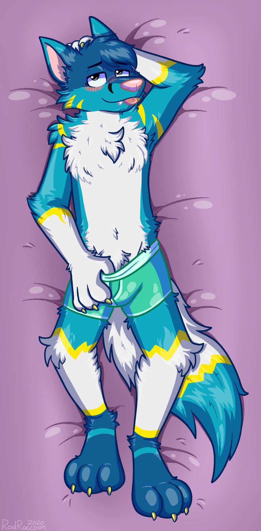 absurd_res anthro blush boxer_briefs canid canine canis clothing clothing_pull dakimakura_design ferdinand_the_folf fox hand_behind_head hand_in_pants hi_res hybrid looking_at_viewer male mammal rodraccoon solo teasing underwear underwear_pull wolf