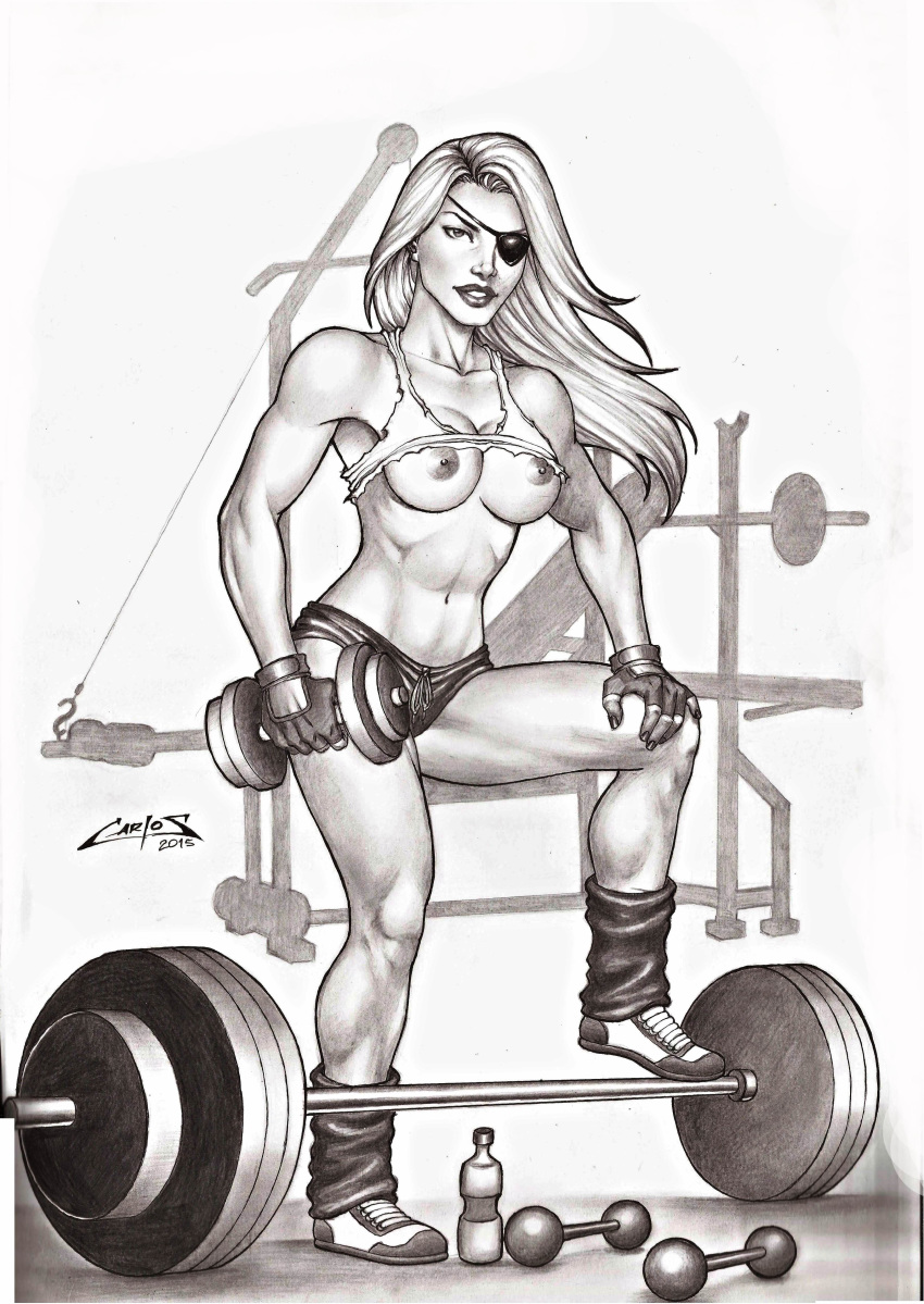 1girls 2015 areola areolae artist_name barbell big_breasts black_and_white bottle breasts busty carlos_braga cleavage clothing dated dc dc_comics dumbbell eye_patch female female_focus female_only fingerless_gloves flashing footwear gloves gym hair hand_on_knee human human_only large_breasts long_hair looking_at_viewer monochrome muscle muscles muscular muscular_female navel nipples no_bra ravager_(dc) rose_wilson shirt shirt_up shoes short_shorts shorts smile smiling solo solo_female standing tank_top teen_titans toned toned_female torn_clothes torn_clothing uncensored water_bottle weightlifting weights