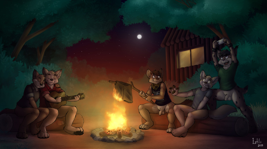 anthro bottomless bryce_(lonewolfhowling) burning_pants campfire canine casual_nudity clothed clothing covering covering_self feline flaccid foreskin forest guitar holding_object holding_phone humanoid_penis iztli lynx male male_only mammal moon musical_instrument outside pawpads penis phone romantic_couple shorts sitting sky spencer_(lonewolfhowling) star teeth tree uncut