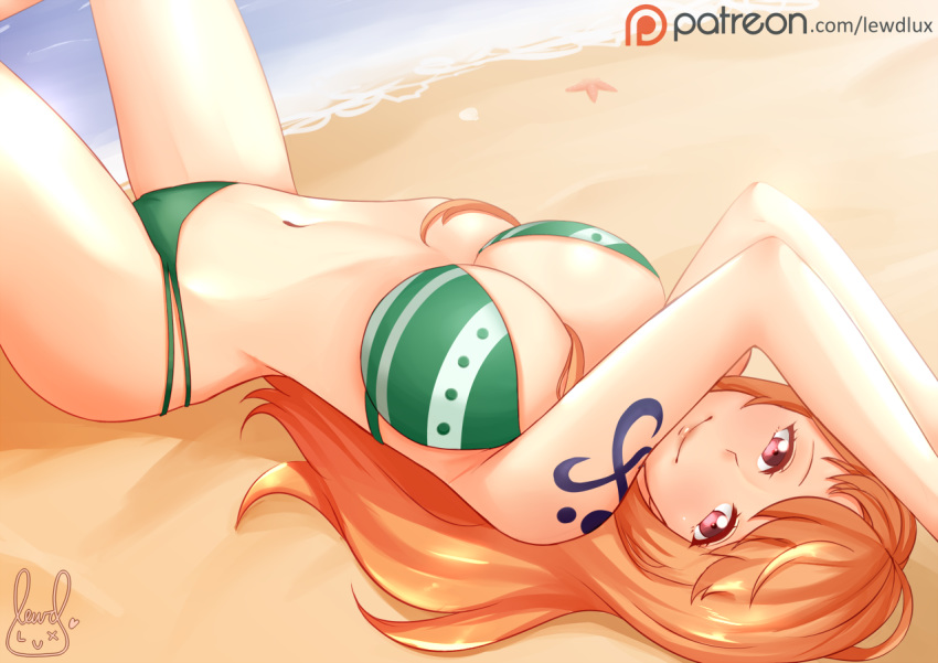 1girls 2018 beach big_breasts bikini breasts cleavage female female_only lewdlux long_hair nami one_piece orange_hair shounen_jump solo solo_female striped_bikini