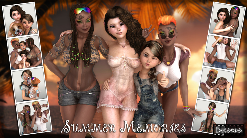 3d 4girls arms_up artist_name bare_shoulders becarra bent_over big_breasts bracelet brown_eyes brown_hair busty chloe_nomura cleavage closed_eyes curvy dark-skinned_female dark_skin denim denim_shorts detailed_background double_v dress english_text erect_nipple erect_nipples eyelashes eyeshadow female female_only freckles front_view gesture hair_ornament hairclip hand_on_hip hands_on_hip hands_on_hips hitomi_kurosawa hourglass_figure human long_hair looking_at_viewer makeup midriff mihoshi_kurosawa mohawk multiple_females multiple_girls necklace nipple_bulge one-eye_closed orange_hair outdoor outside overalls ponytail pose posing riding running see-through shiny shiny_skin short short_hair short_shorts siblings sister sisters small_breasts smiling standing sunglasses sunglasses_on_head tattoo text thong thumbs_up tied_hair tree tube_top tubetop v voluptuous water wide_hips zoe_nomura