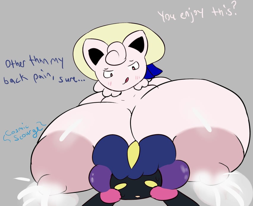 1girls 2018 ambiguous_gender anthro areolae ass big_areola big_breasts big_ears black_skin blue_eyes blush breast_expansion breast_rest breasts cosmicscourge cosmog english_text fairy female gigantic_breasts grey_background half-closed_eyes hat huge_breasts hyper hyper_breasts interspecies jigglypuff lactation legendary_pokémon licking licking_lips looking_down milk nintendo nipples nude on_top ori_(cosmicscourge) original_character pokemon pokemon_(species) pokemon_rgby pokemon_sm red_eyes smile sun_hat sweat text tiddypuff tongue tongue_out tumblr video_games watermark yellow_eyes