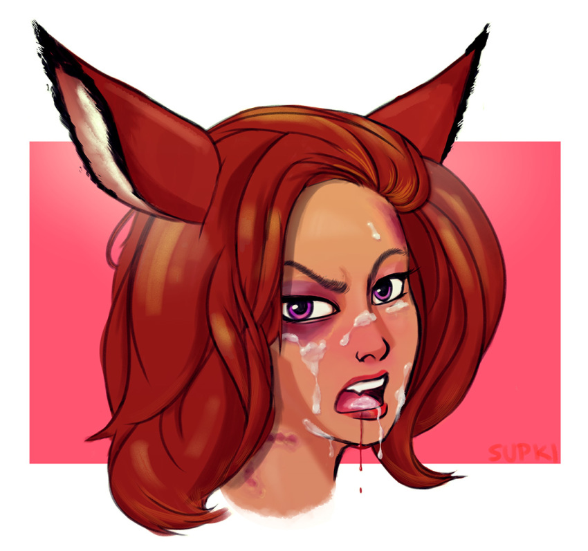 angry animal_humanoid artemis_(temixart) bite bite_mark blood brown_hair bruised bukkake canine cum cum_in_mouth cum_inside cum_on_face female fox hair headshot_portrait humanoid looking_at_viewer mammal open_mouth portrait purple_eyes simple_background solo supki