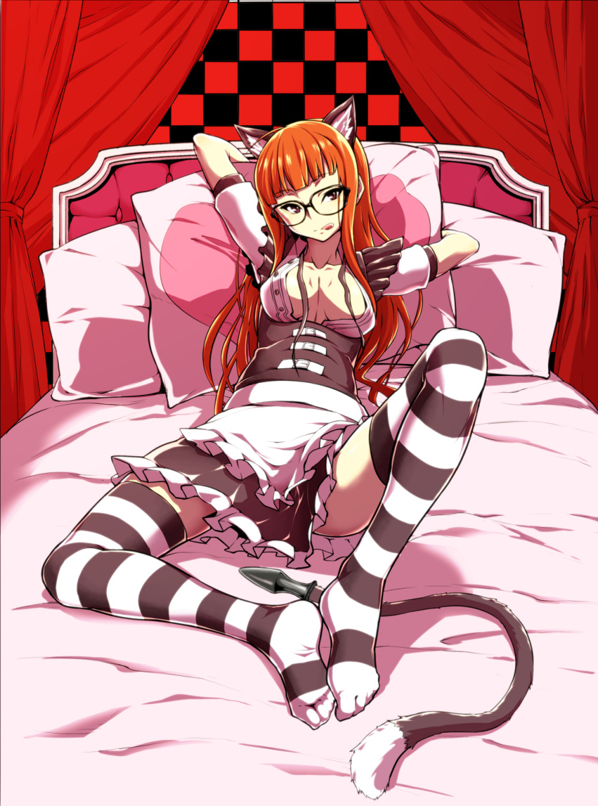 animal_ears apron arms_up bed blouse breasts buttplug buttplug_tail cat_ears cleavage eyebrows fake_animal_ears female glasses highres k-you_(pixiv) licking_lips looking_at_viewer maid maid_apron open_blouse open_clothes persona persona_5 pillow reclining sakura_futaba skirt small_breasts smile solo tail tongue tongue_out