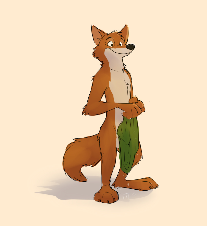 2018 anthro balls barely_visible_genitalia canine chest_tuft clothing covering digital_media_(artwork) disney fox male male_only mammal nude paintfox red_fox robin_hood_(character) robin_hood_(disney) shirt simple_background smile testicles tuft wet