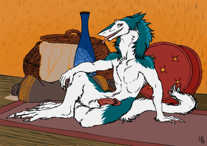 2018 anthro balls erection fur looking_at_viewer lynxwolf male mammal nude penis sergal sitting smile solo tongue tongue_out