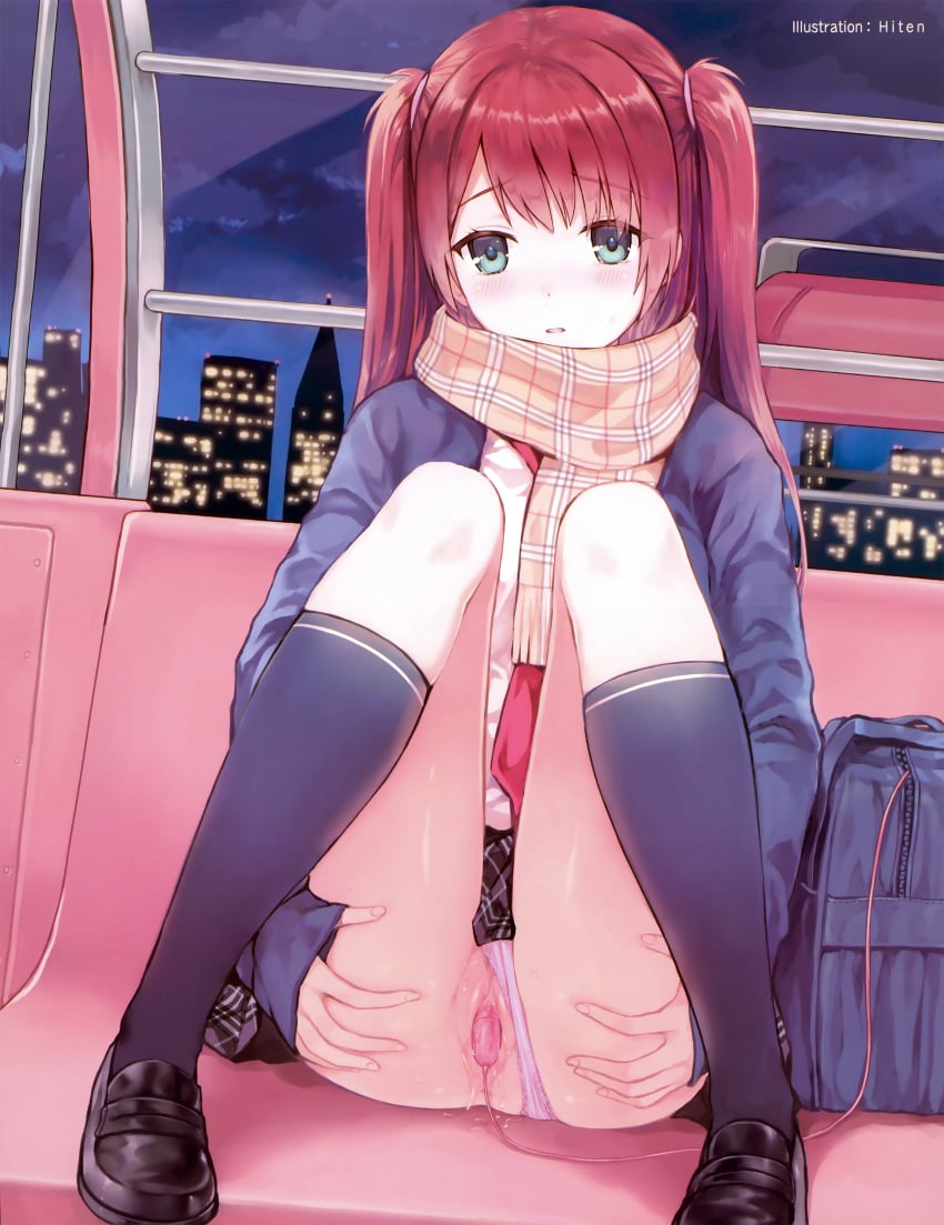 absurdres artist_name bag blush egg_vibrator female highres hiten_(hitenkei) looking_at_viewer masturbation panties panties_aside plaid plaid_skirt pubic_hair pussy pussy_juice red_hair scan scarf school_uniform sitting skirt solo train_interior uncensored vibrator