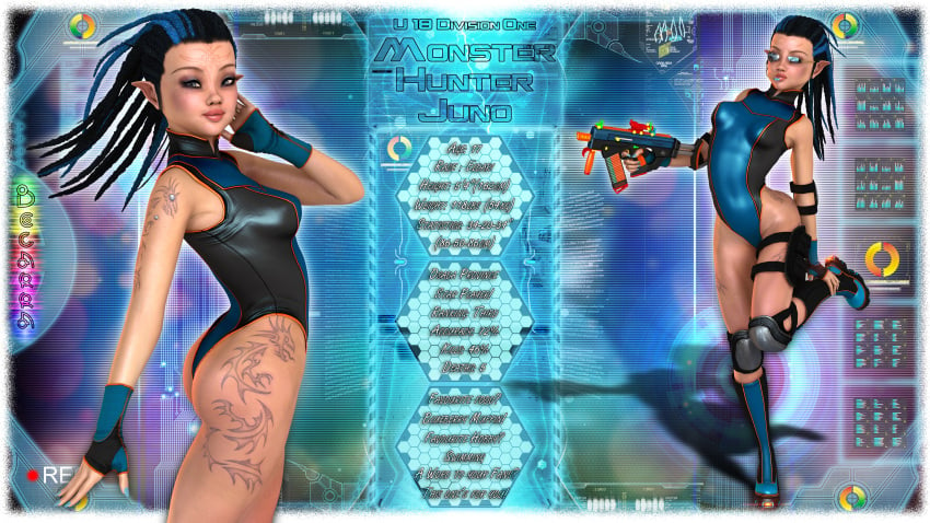 1girls 3d alien alien_girl artist_name bare_shoulders becarra black_hair blue_gloves blue_hair boots busty butt_crack curvy detailed_background english_text eyelashes female female_only fingerless_gloves freckles gray_eyes gun holding_object hourglass_figure humanoid juno_k'lani leg_lift leg_up leotard long_hair looking_at_viewer multicolored_hair pointy_ears pose posing shadow shiny shiny_skin side_view small_breasts standing tattoo text thong visor weapon wide_hips