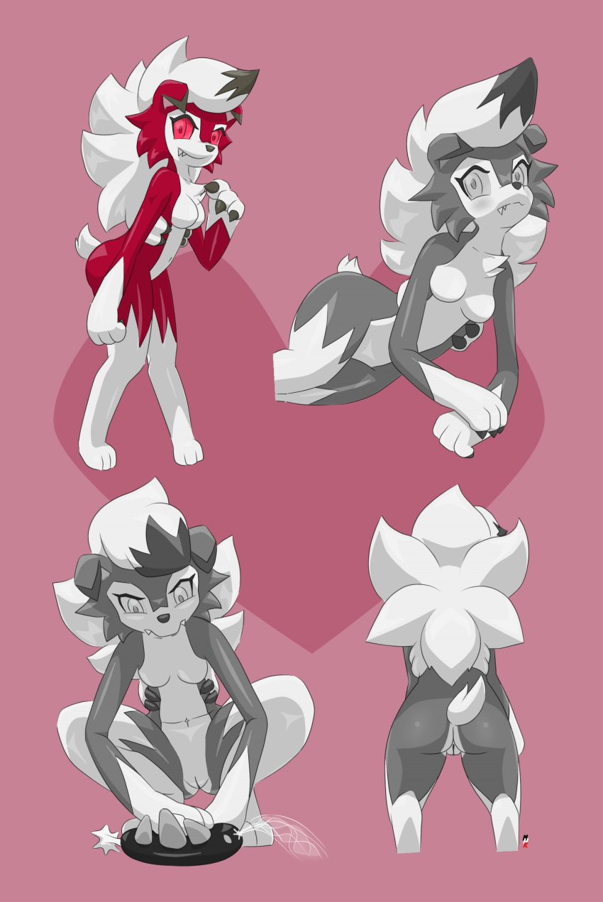 1girls 3_fingers 3_toes ambiguous_gender anthro ass back belly big_ass breasts claws eyelashes fangs female feral fullfolka furry heart interspecies looking_at_viewer looking_down lycanroc midnight_lycanroc navel nintendo no_nipples on_back on_side on_top original_character partially_colored paws pink_background pokémon_(species) pokemon pokemon_sm pussy pyukumuku red_eyes red_fur red_sclera simple_background spread_legs squatting standing tail teeth thick_thighs video_games white_fur