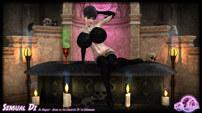 1girls 3d artist_name beauty_mark becarra big_breasts black_footwear black_gloves black_hair black_legwear black_lipstick black_stockings bottomless bra burning_candles busty candles choker curvy detailed_background di_dark ear_piercing earrings elbow_gloves english_text eyelashes eyeshadow female female_only fire footwear gloves hair_over_one_eye half-dressed half_dressed high_heels hourglass_figure human legwear looking_at_viewer makeup mole no_panties piercing pose posing purple_eyes room shadow shiny shiny_skin short_hair sitting skull stockings text voluptuous white_candles wide_hips