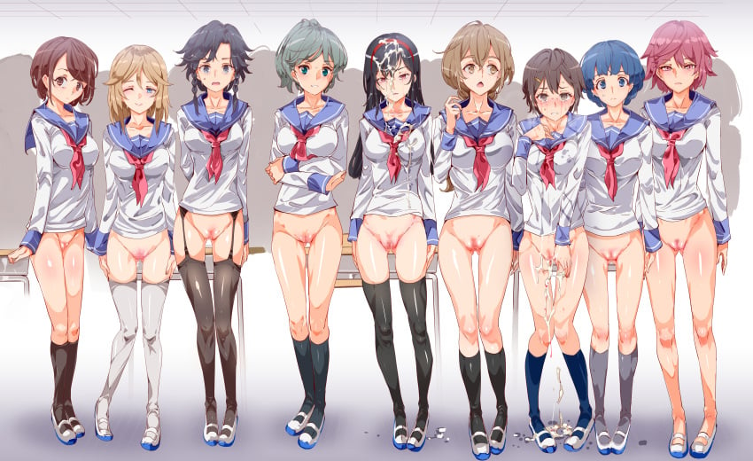 6+girls 9girls after_sex ami_(ero-note) bare_legs black_eyes black_hair black_legwear black_socks blonde_hair blue_eyes blue_hair blue_socks blush bottomless braid breasts brown_eyes brown_hair censored chair classroom closed_mouth common_sense_change crossed_arms cum cum_in_pussy cum_inside cum_on_floor cum_on_hair cum_on_lower_body cumdrip defloration desk embarrassed ero-note:_ore_ga_nani_shite_mo_mondai_ni_naranai_kyoushitsu facial feet full_body garter_belt garter_straps gray_socks green_hair groin hairband high_ponytail highres hypnosis indoors innie_pussy knee_socks kneehighs kneesocks kurogawa_(ero-note) legs legs_together leo_shishioka lineup long_hair looking_at_viewer matching_hair/eyes medium_breasts mind_control mosaic_censoring multiple_girls nyuu_(manekin-eko) one_eye_closed open_mouth original parted_lips pink_hair ponytail pussy red_eyes red_hairband ribbon_matsumoto sachi_(ero-note) sailor_collar sarah_(ero-note) school_uniform serafuku shoes short_hair small_breasts smile socks standing thigh_gap thigh_socks thighhighs thighs twin_braids uwabaki virgin white_legwear white_socks wink