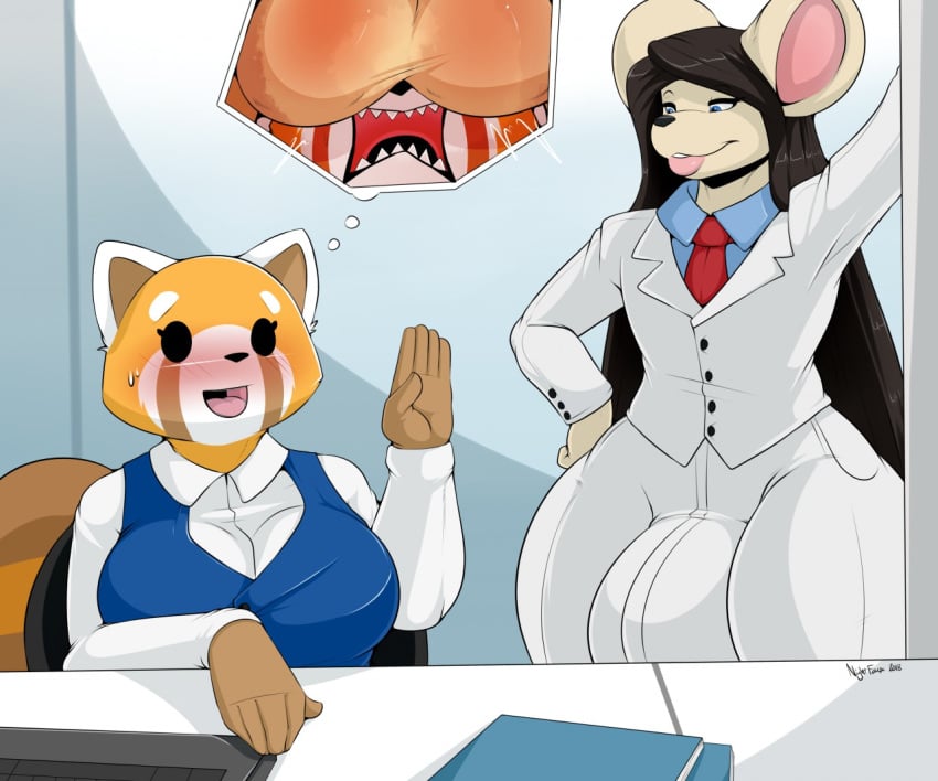 1boy 1girls 2d aggressive_retsuko anthro anthro_on_anthro balls big_balls blush bulge clothed clothing duo female female_anthro femboy femboy_on_female gang_xi_siyu girly hetero huge_balls hyper hyper_balls hyper_bulge male male/female male_anthro male_anthro/female_anthro mammal mouse nightfaux office_lady open_mouth red_panda retsuko rodent sanrio sitting smooth_fur standing straight testicles_on_face thought_bubble