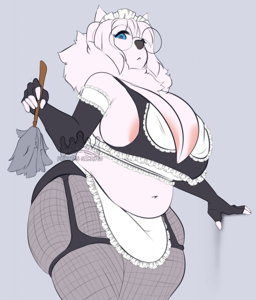 anthro blue_eyes bra breasts chubby cumu fingerless_gloves fishnets fur garter_belt garter_straps glasses looking_at_viewer maid maid_apron maid_uniform neck_tuft princesssamoyed thehoodeddragon white_fur