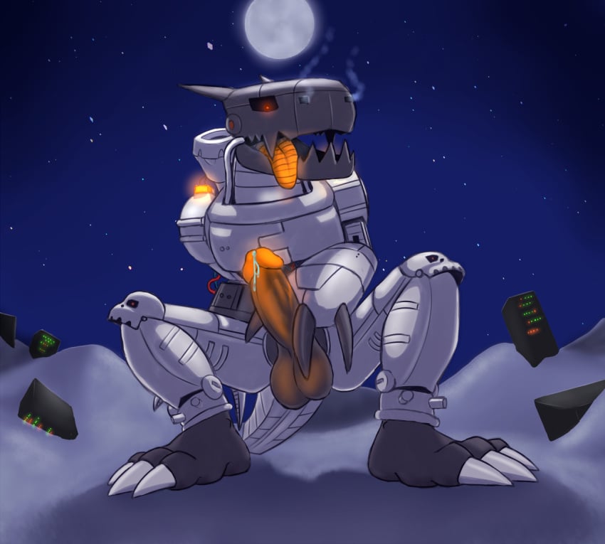 2017 3_toes anthro balls circumcised claws crouching detailed_background digimon digimon_(species) digital_media_(artwork) dragon erection full_moon glowing glowing_balls glowing_penis glowing_tongue horn humanoid_penis looking_at_viewer machine male male_only metal moon mugendramon night open_mouth outside penis precum rad-lizer red_eyes robot scalie sky solo star toe_claws toes tongue tongue_out