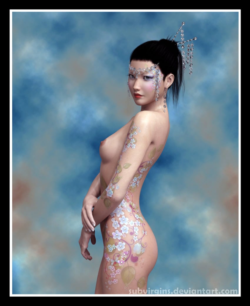 2018 3d asian back_turned black_hair daz3d female female_only hand_on_arm human jewelry looking_at_viewer looking_back nude original pin-up pinup solo subvirgins tattoo tattoos