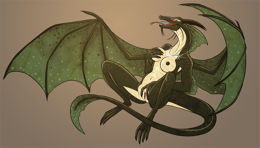 2016 anthro beleoci breasts dragon female looking_at_viewer nipples nude open_mouth presenting pussy scalie solo spread_legs spreading tongue wings