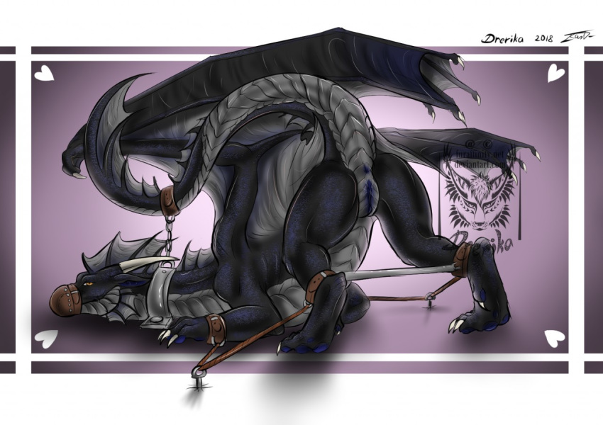 2018 bound claws digital_media_(artwork) dragon drerika female feral nachtschwinge pussy scalie watermark wings