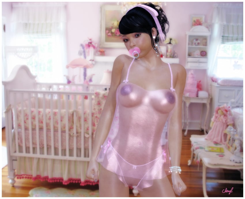 2009 3d april bedroom black_hair breasts brown_eyes doll earrings female female_only hair_ribbon human infantilism looking_at_viewer nail_polish original pacifier pink_nail_polish ring see-through solo subvirgins