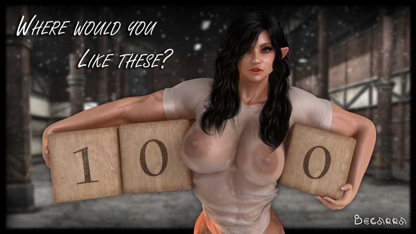 1girls 3d abs areolae arm_tattoo artist_name bare_shoulders becarra biceps big_areola big_breasts big_nipples black_hair breasts brown_areola brown_nipples busty cleavage cropped_torso cube curly_hair curvy dark_hair detailed_background ears elf english_text erect_nipple erect_nipples eyelashes female female_only fit front_view gloves gray_eyes hair_over_one_eye holding_object hourglass_figure huge_areolae humanoid jelana_grey long_hair looking_at_viewer milestone_celebration multicolored_hair muscles muscular muscular_female nipples nipples_visible_through_clothing pointy_ears pose posing puffy_nipples question see-through shiny shiny_skin short_ears short_sleeves solo standing tattoo text voluptuous wet_clothes wet_shirt wet_topwear white_hair white_shirt wide_hips