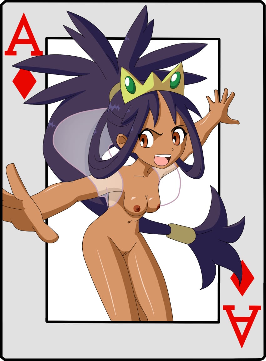 1girls ace_of_diamond areolae breasts brown_eyes card_(medium) champion dark-skinned_female dark_skin female human iris_(pokemon) iris_(pokemon_bw2) long_hair nintendo nipples open_mouth playing_card pokemon pokemon_bw pokemon_bw2 ponytail purple_hair pussy small_breasts tagme teenager