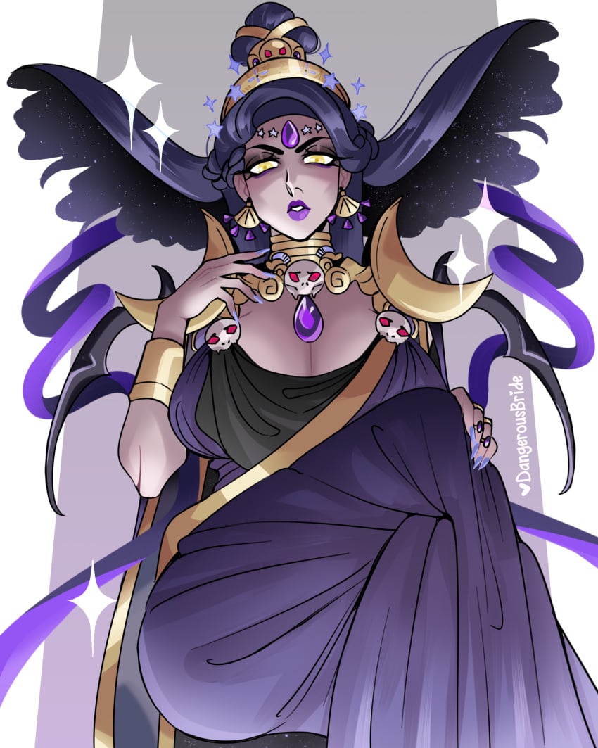 1girls black_hair breasts cleavage clothed crossed_legs dangerousbride female floating_hair greek_clothes greek_mythology hades_(game) huge_breasts mature_female milf nyx_(hades) purple_lipstick sitting solo yellow_eyes