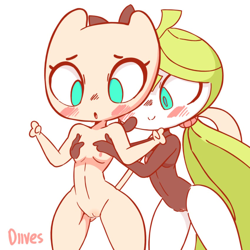 2girls animated areolae belly black_skin blue_eyes blush bouncing_breasts braces breasts closed_eyes diives eyelashes feline female female_only from_behind furry gif green_hair hands_on_breasts interspecies legendary_pokemon long_hair looking_away looking_down meloetta mew mythical_pokemon navel nintendo nipples nude open_mouth pink_fur pokemon pokemon_(species) pokemon_bw pokemon_rgby ponytail pussy pussy_juice reach_around small_breasts smile standing tail teeth text watermark wet white_background white_skin wide_hips