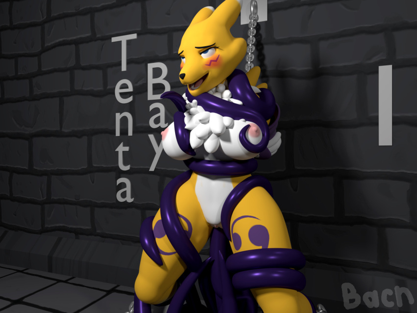 2018 3d areola bacn blush bondage bound breast_grab breasts chains chest_tuft digimon female fur hand_on_breast looking_pleasured mammal nipples nude open_mouth penetration pussy renamon renamon_(bacn) sex smile solo standing tentacle tongue tuft vaginal_penetration