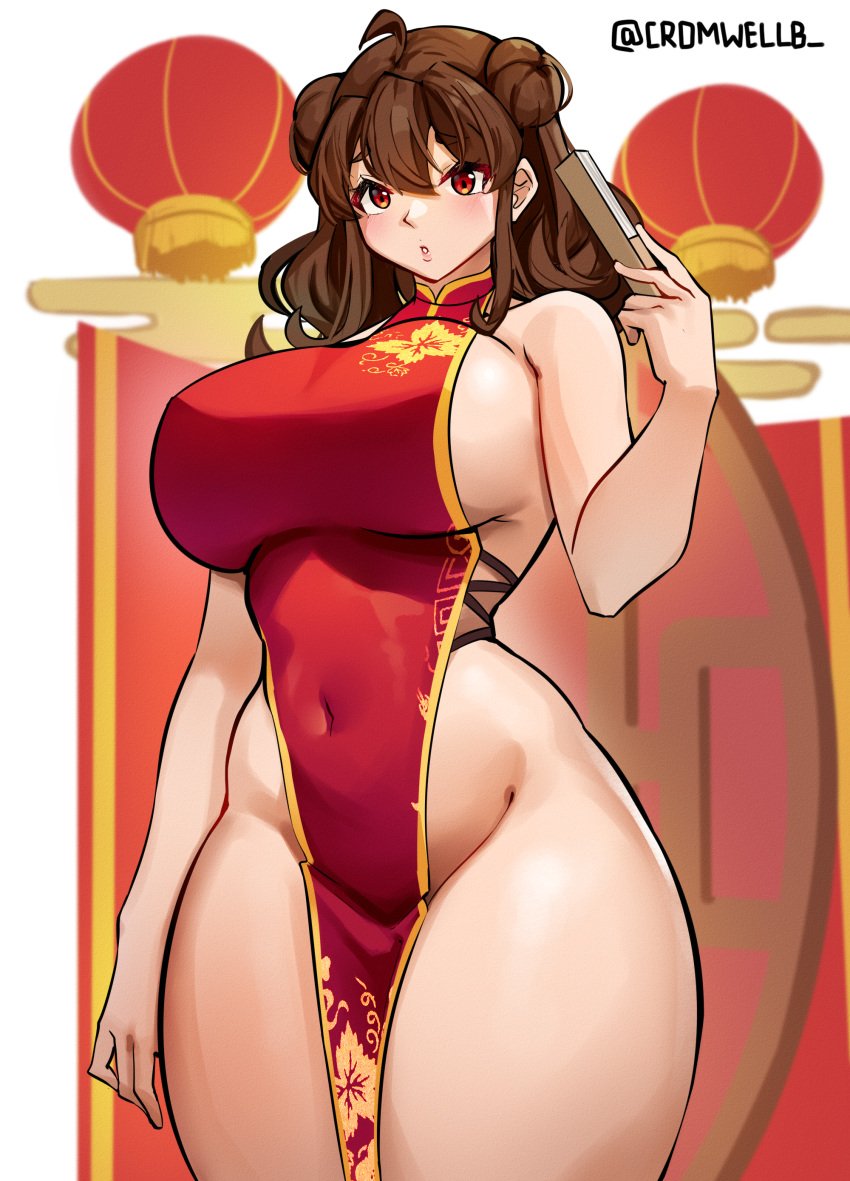 1girls 2022 belly big_breasts breasts brown_hair china_dress chinese_clothes covered_navel covered_nipples covered_pussy cromwellb dress female female_focus female_only hair_bun hair_buns looking_at_viewer navel orange_eyes original pelvic_curtain quipao red_china_dress red_dress sideboob simple_background solo solo_female standing thick_thighs thighs