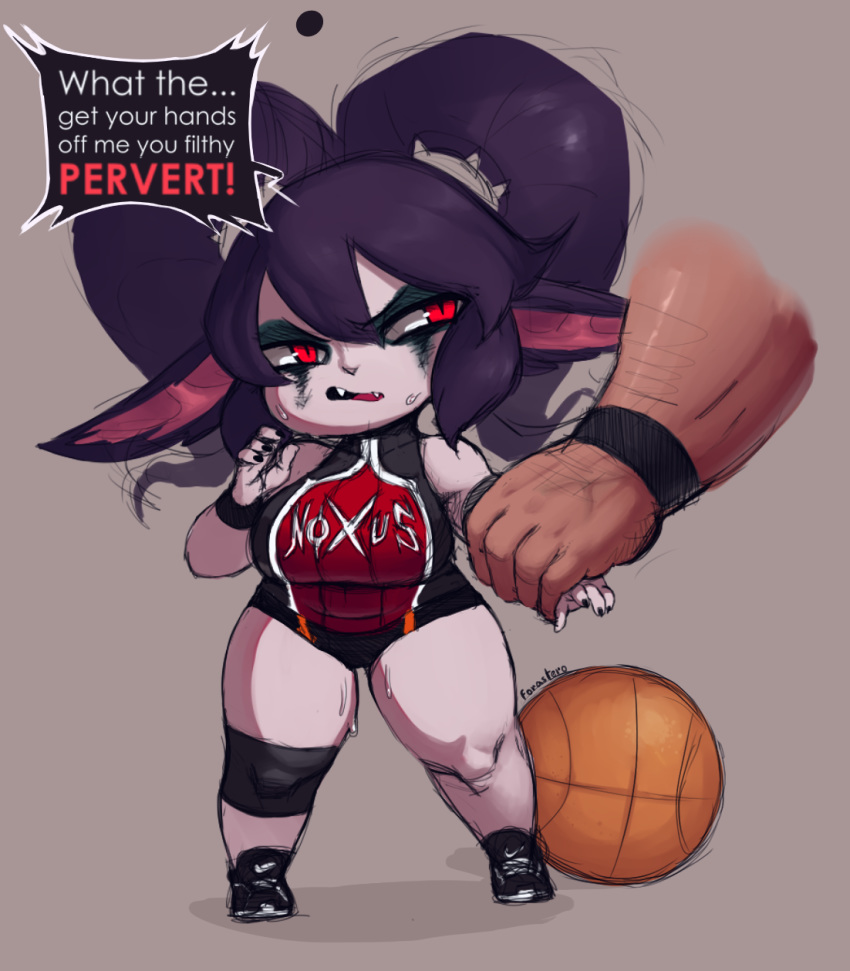 alternate_costume angry animal_ears arm_grab basketball black_hair breasts english_text fang forastero full_body goth goth_girl imminent_rape league_of_legends legacy_series makeup mascara medium_breasts noxus_jersey noxus_poppy poppy red_eyes riot_games short_shorts shorts shortstack size_difference slit_pupils speech_bubble thick_thighs thighs twintails yordle