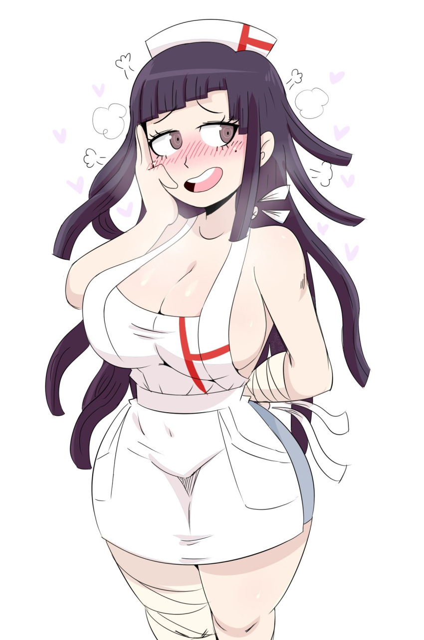 1girls adorable bandage black_hair blush blushing breasts brown_eyes clothed danganronpa danganronpa_2 danganronpa_2:_goodbye_despair female_only hand_on_face jinu light-skinned_female nurse nurse_uniform steam straight_hair thick_thighs thighs tight_clothing tsumiki_mikan wide_hips