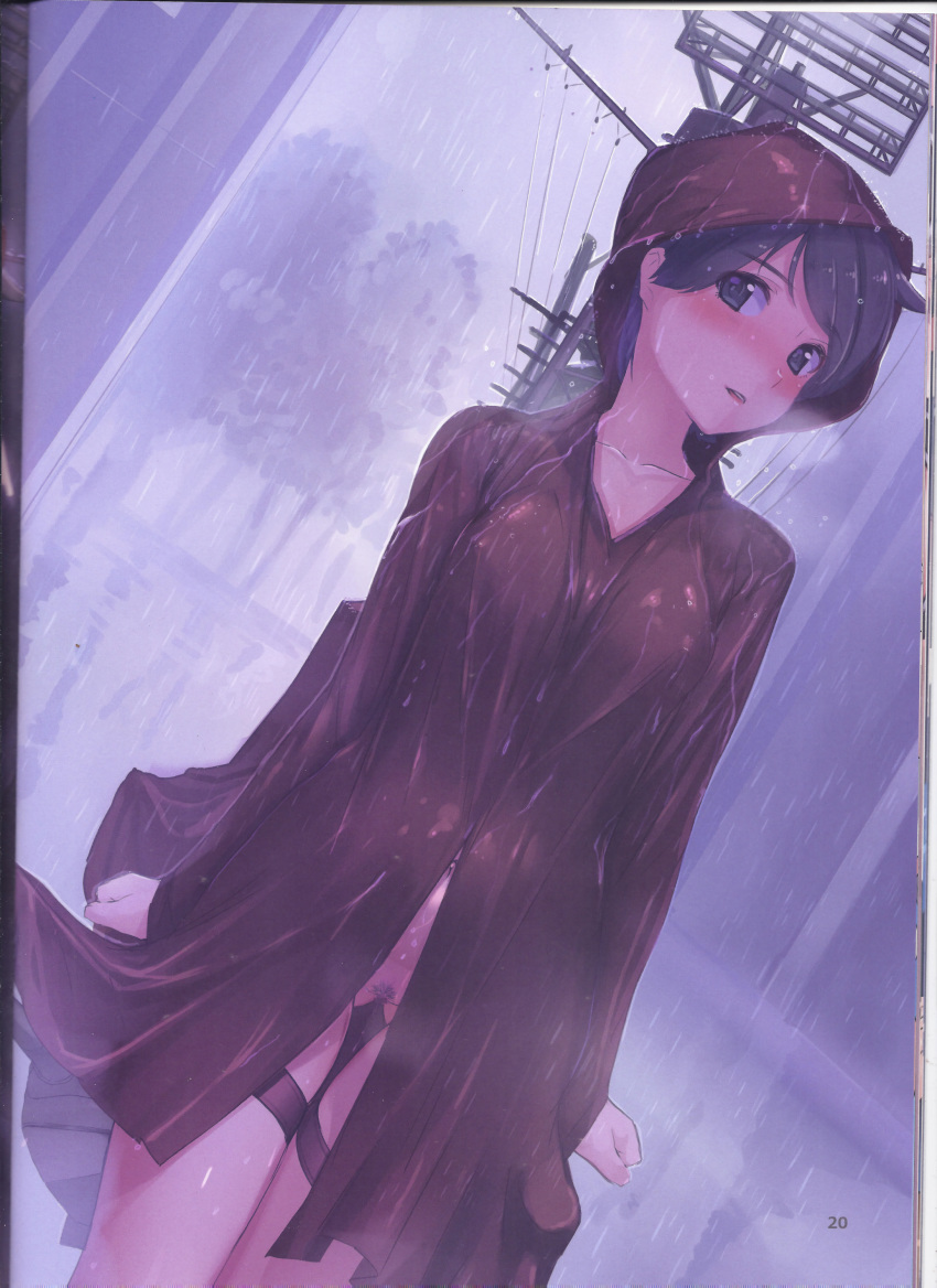 absurdres akasaai black_eyes black_hair blush coat collarbone erect_nipples exhibitionism female highres hood hood_up naked_coat navel nipple_bulge nipples_visible_through_clothing no_bra no_panties outdoors pubic_hair pussy rain short_hair solo trenchcoat wet wet_clothes