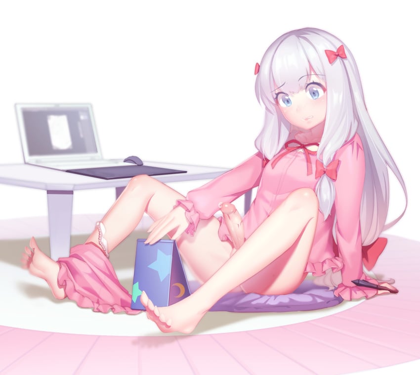 10s 1futa blue_eyes bow clothing color dickgirl eromanga_sensei exploration fiodo futa_only futanari hairbow highres intersex izumi_sagiri long_hair mirror pajamas panties panties_around_leg precum silver_hair small_penis solo spread_legs tablet uncensored underwear white_panties