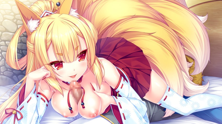 1boy 1girls 69 69_position blonde_hair breasts censored clothing fellatio female fox_ears fox_girl fox_tail full_body game_cg hakama_skirt japanese_clothes long_hair miko monmusu monster_girl mosaic_censoring multiple_tails nail_polish nipples official_art outercourse paizuri penis red_eyes sayori tentacle_games