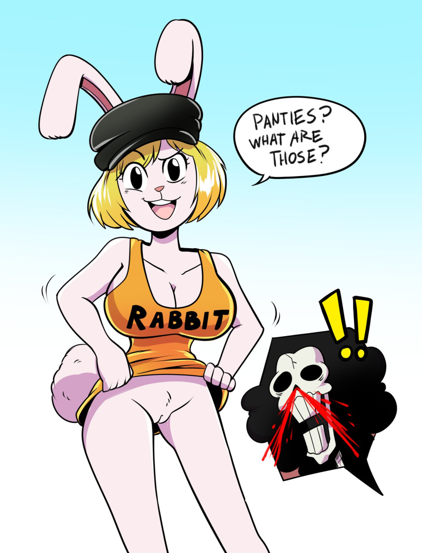 anaugi anthro big_breasts bottomless breasts brook bunny captanaugi_(artist) carrot_(one_piece) clothed clothing clueless dress female female_only flashing_pussy hat innie_pussy lagomorph mammal nosebleed one_piece pussy rabbit skeleton speech_bubble text