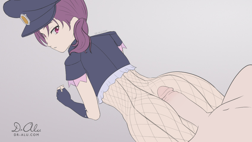 1boy 1girls ass bottomless buttjob dr-alu female fishnets hat huge_ass huge_cock kazuno_leah love_live! love_live!_sunshine!! male no_panties no_pants pink_eyes police police_hat police_uniform purple_hair saint_snow sketch thighs uniform